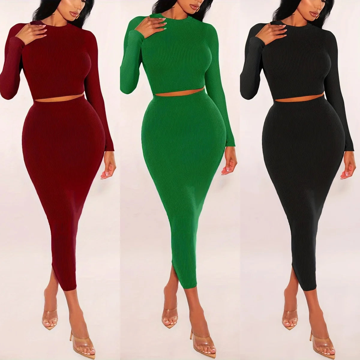 Women Skirts Set Long Sleeve Crop Tops Dress Two Piece Solid Color Skinny Bodycons Outfits Suits Knitted Slim Clothing Good Vibrations