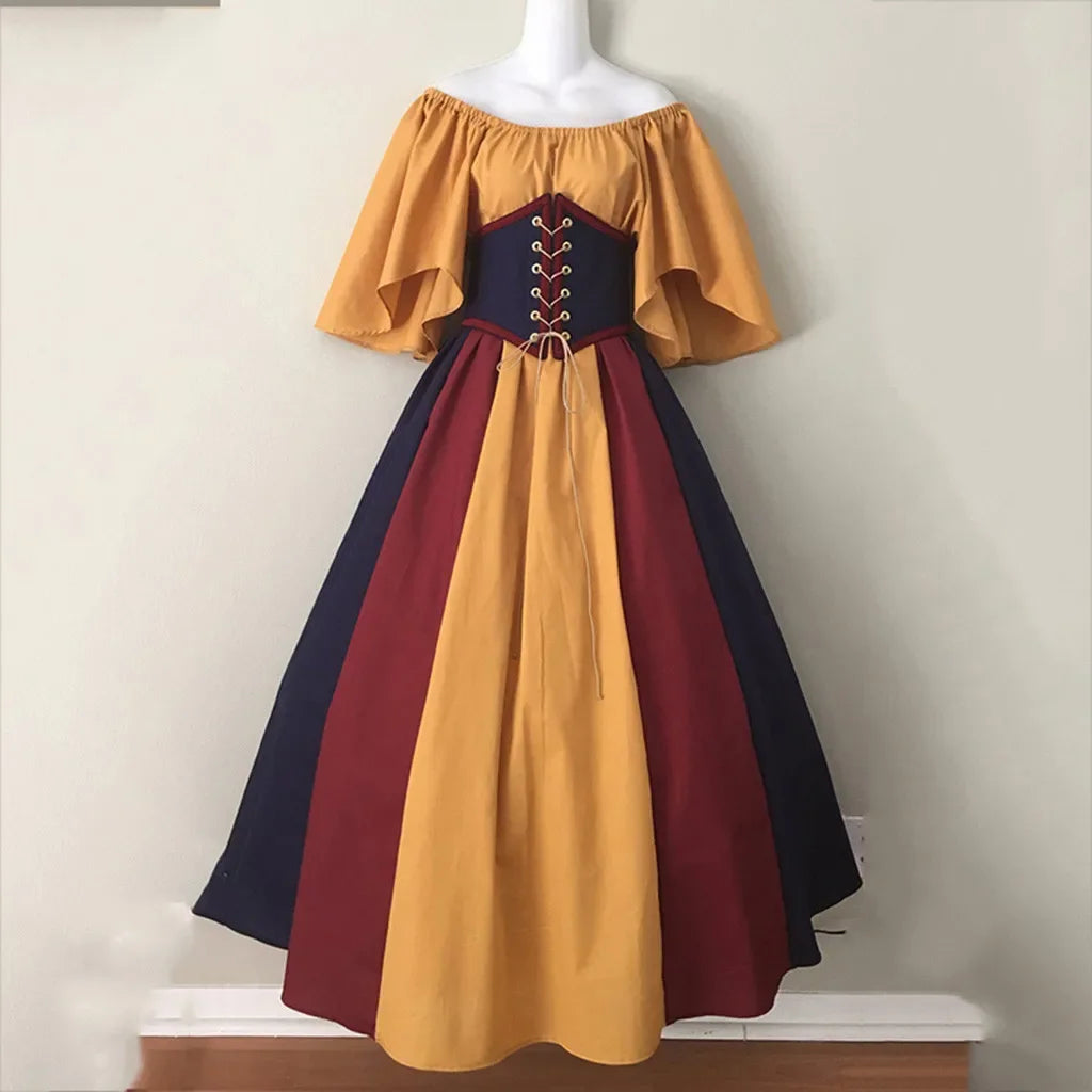 Halloween Costumes for Women Medieval Retro Contrasting Color Slim Swing Dress One-word Shoulder Dress Love Live Cosplay Good Vibrations