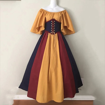 Halloween Costumes for Women Medieval Retro Contrasting Color Slim Swing Dress One-word Shoulder Dress Love Live Cosplay Good Vibrations