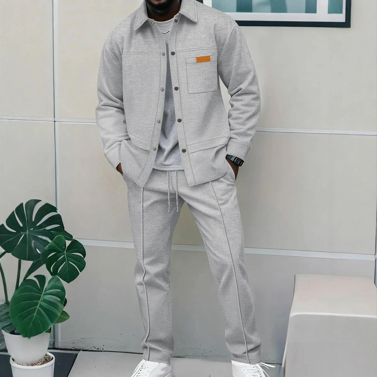 Spring and Autumn Men's High-Quality Waffle Pure Color Placket Pocket Jacket Set - A Stylish and Casual Two-Piece Outfit Good Vibrations