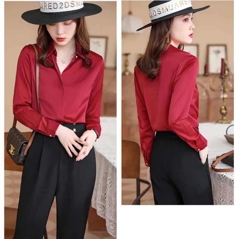 Red Women Shirt New Korean Fashion Women Clothing OL Satin Blouse for Women Long Sleeved Women's Shirt Basic Elegant Women Tops Good Vibrations