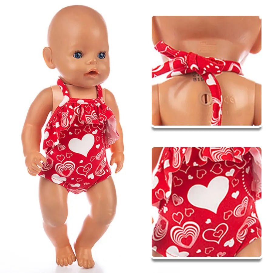 Cute Swimming Suit for 16-18Inch American Doll Sweet Heart Print Doll Swimsuit Clothes for 43Cm Newborn Baby Doll Kids Gift Good Vibrations