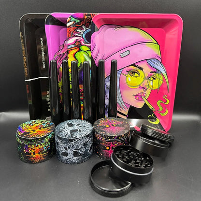 Manual 5cm Crusher Metal Grass Grinder TinPlate 18x12.5cm Rolling Tray Smell Proof Storage Tube Tobacco Herbal Set Cigar Tool Good Vibrations Adult Super Store