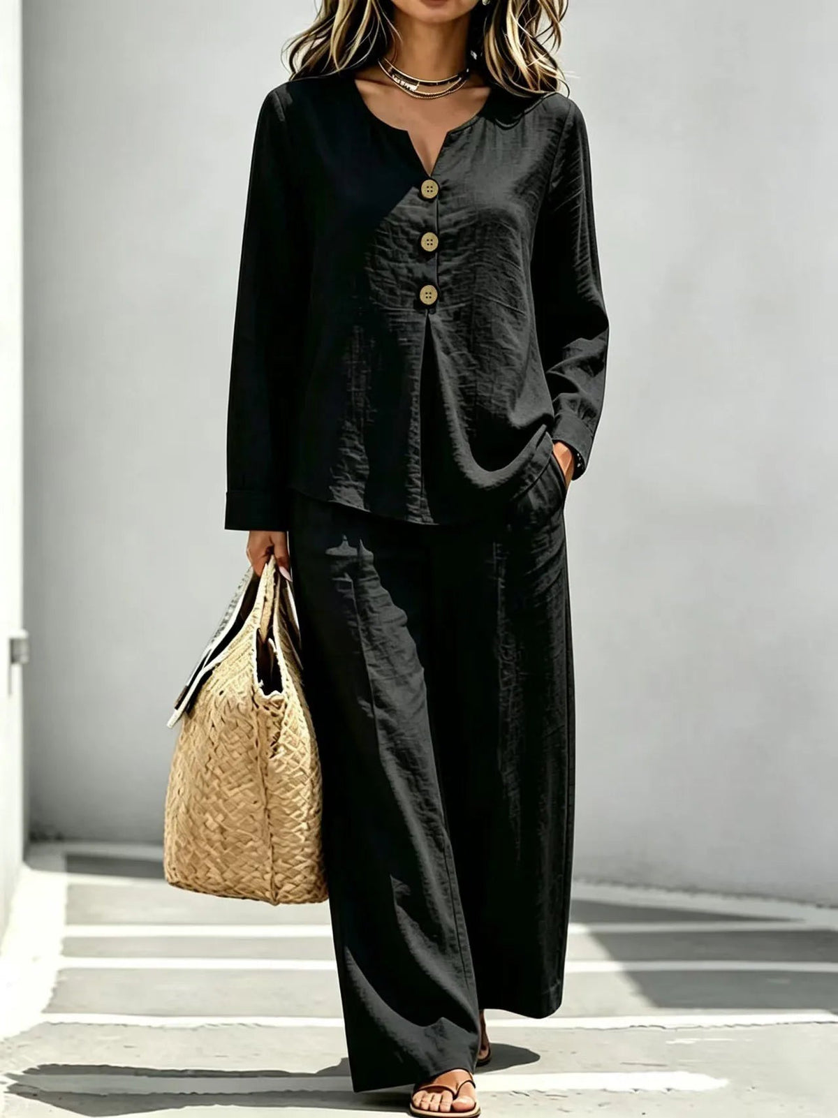 Women 2‑Piece Outfit Set Long Sleeve V‑Neck Top Wide Leg Pants Loose Casual Daily Suit Good Vibrations