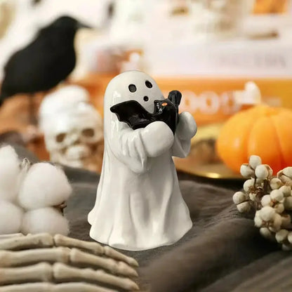 Halloween Ghost Ornament Ghost Holding Pink Pumpkin Bat Resin Ornament Home Living Room Bedroom Office Desktop Decoration Good Vibrations