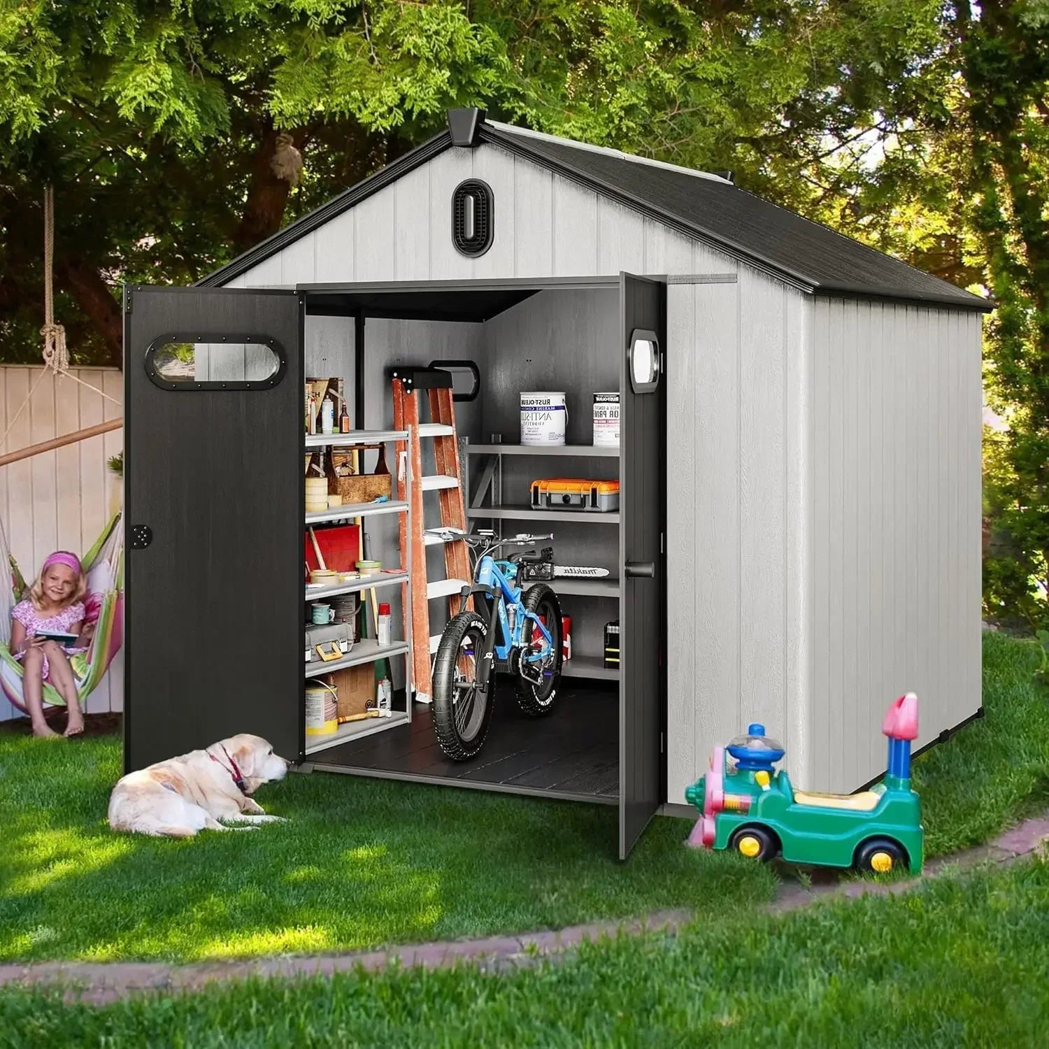 8x8ft Outdoor Resin Storage Shed with Floor, 427 cuft Waterproof Garden Shed with Lockable Door, Windows & Vents Good Vibrations