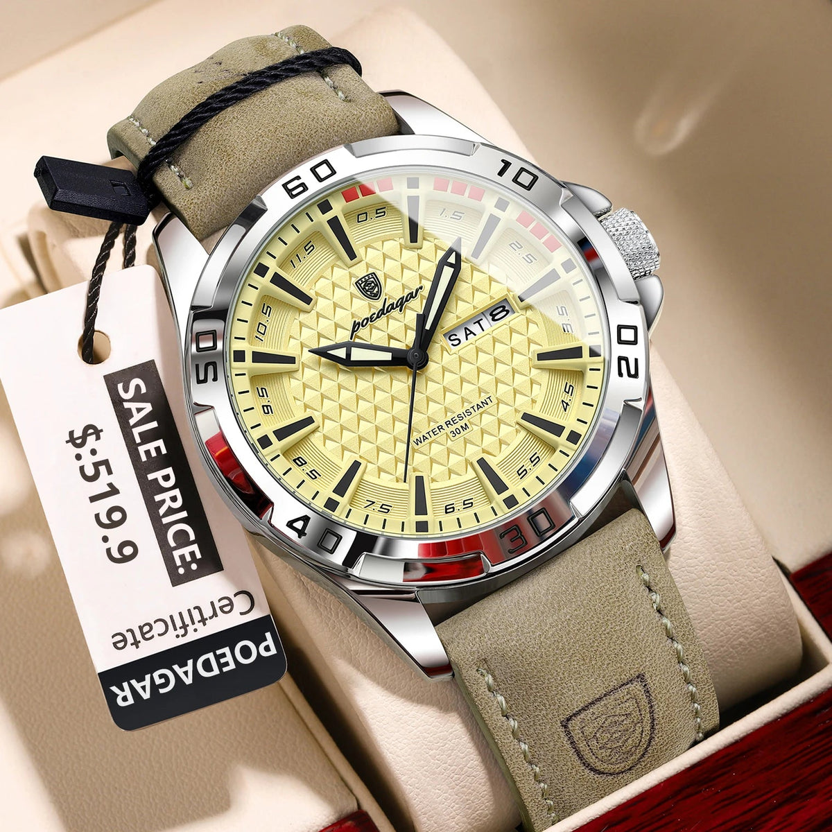 POEDAGAR Original Man Wristwatch Top Luxury Waterproof Luminous Date Week Watch For Men Quartz Sport Leather Men's Watches Reloj Good Vibrations