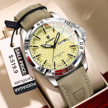 POEDAGAR Original Man Wristwatch Top Luxury Waterproof Luminous Date Week Watch For Men Quartz Sport Leather Men's Watches Reloj Good Vibrations