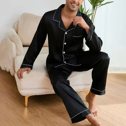 Men's Satin Pajama Set Linter Lapel Collar Long Sleeve Tops & Pants Sleepwear Button Down Loungewear Autumn Pyjama For Man Good Vibrations