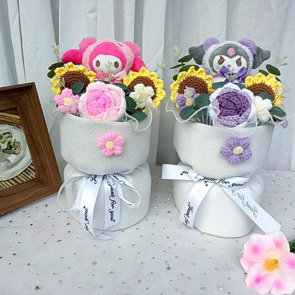 Hug bucket Hello Kitty Kuromi Cinnamoroll Plush bouquet  Handmade Knitting Sunflower Rose Flower Valentine's Day Birthday Gift Good Vibrations
