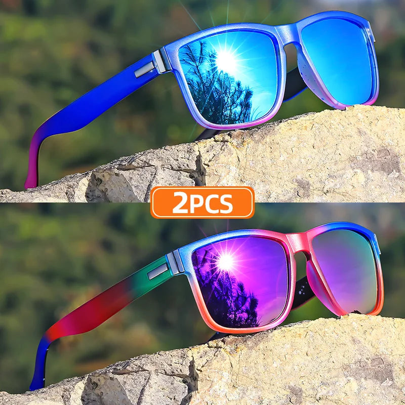 2pcs Classic Square Frame Sunglasses, Gradient Color, Full Rim, Polycarbonate Frame, TAC Lens, Polarizer, Sports Style Good Vibrations