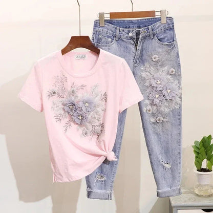 Two-Piece Suit 2025 Summer New Women Denim Pants Beading Embroidery Tshirt Tops+ High Waist Hole Jeans Female Casual Outfits Good Vibrations