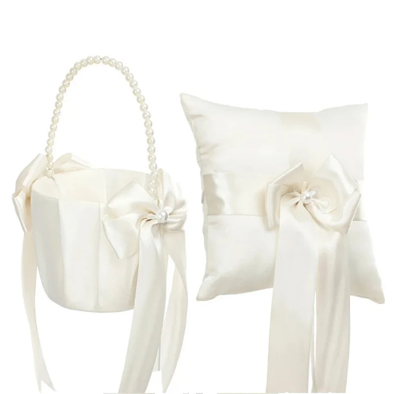Flower Girl Basket Ring Bearer Pillow Set White Romantic Satin Bow Pearls Ring Pillow For Bride/Kid Wedding Ceremony Party Decor Good Vibrations