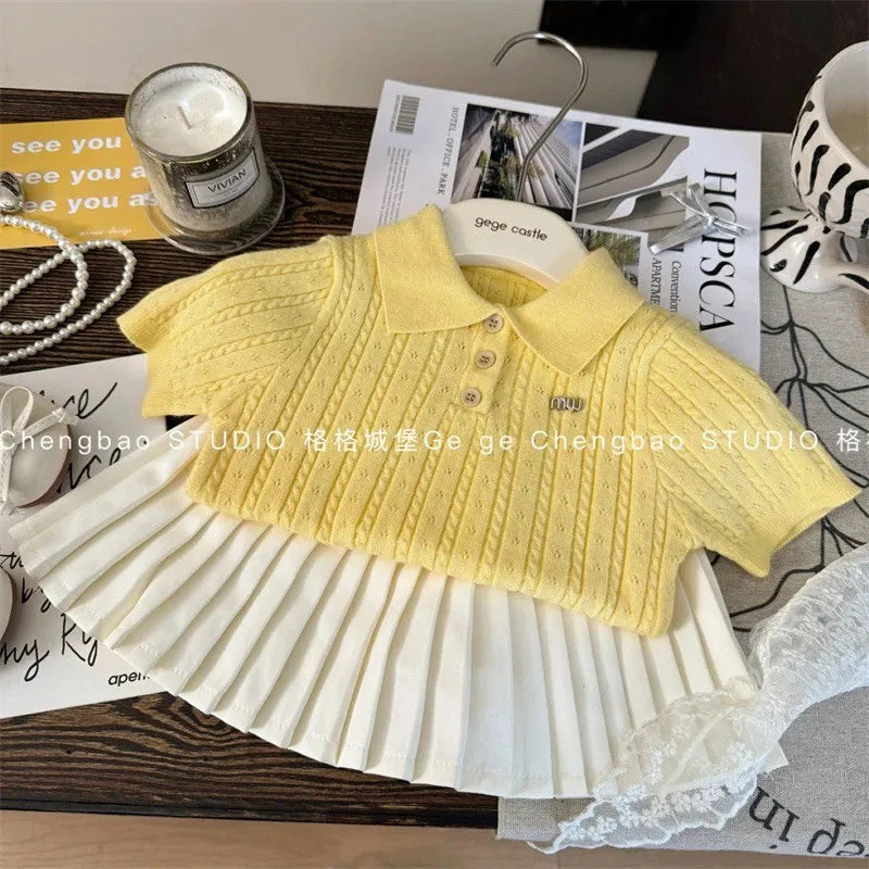 Children's clothing set summer new style girl princess style knitted short sleeved top+pleated skirt two-piece set Good Vibrations