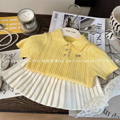 Children's clothing set summer new style girl princess style knitted short sleeved top+pleated skirt two-piece set Good Vibrations