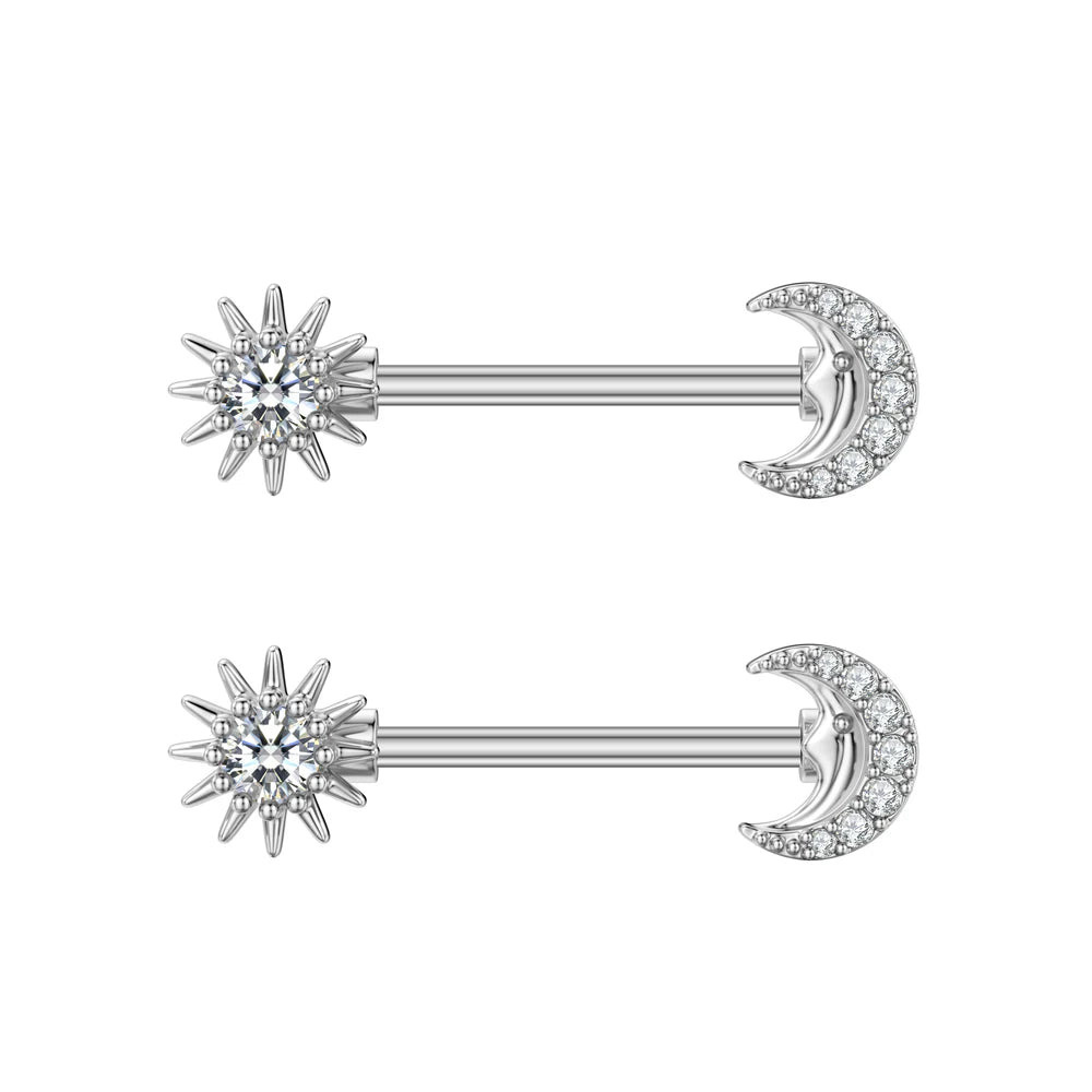 2pcs Stainless Steel Shield Bar Barbell Nipple Piercing Jewelry for Women Both Sides Screwed Sun Moon Flower Star Nipple Rings Good Vibrations Adult Super Store