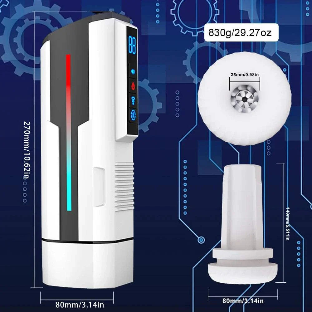 Automatic telescopic male masturbator with display, featuring sucking and vibrating functions, 830g weight, dimensions shown.