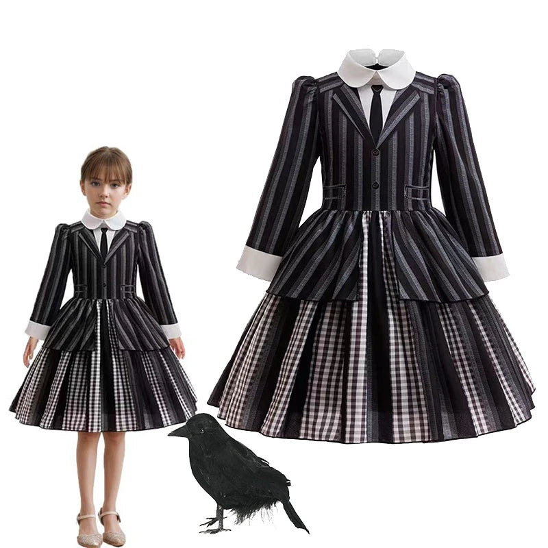 Halloween Gothic Style Costume Dress for Girls Wensday 2 Cosplay Striped School Uniform Party Ball Gown Kids Vestidos Good Vibrations