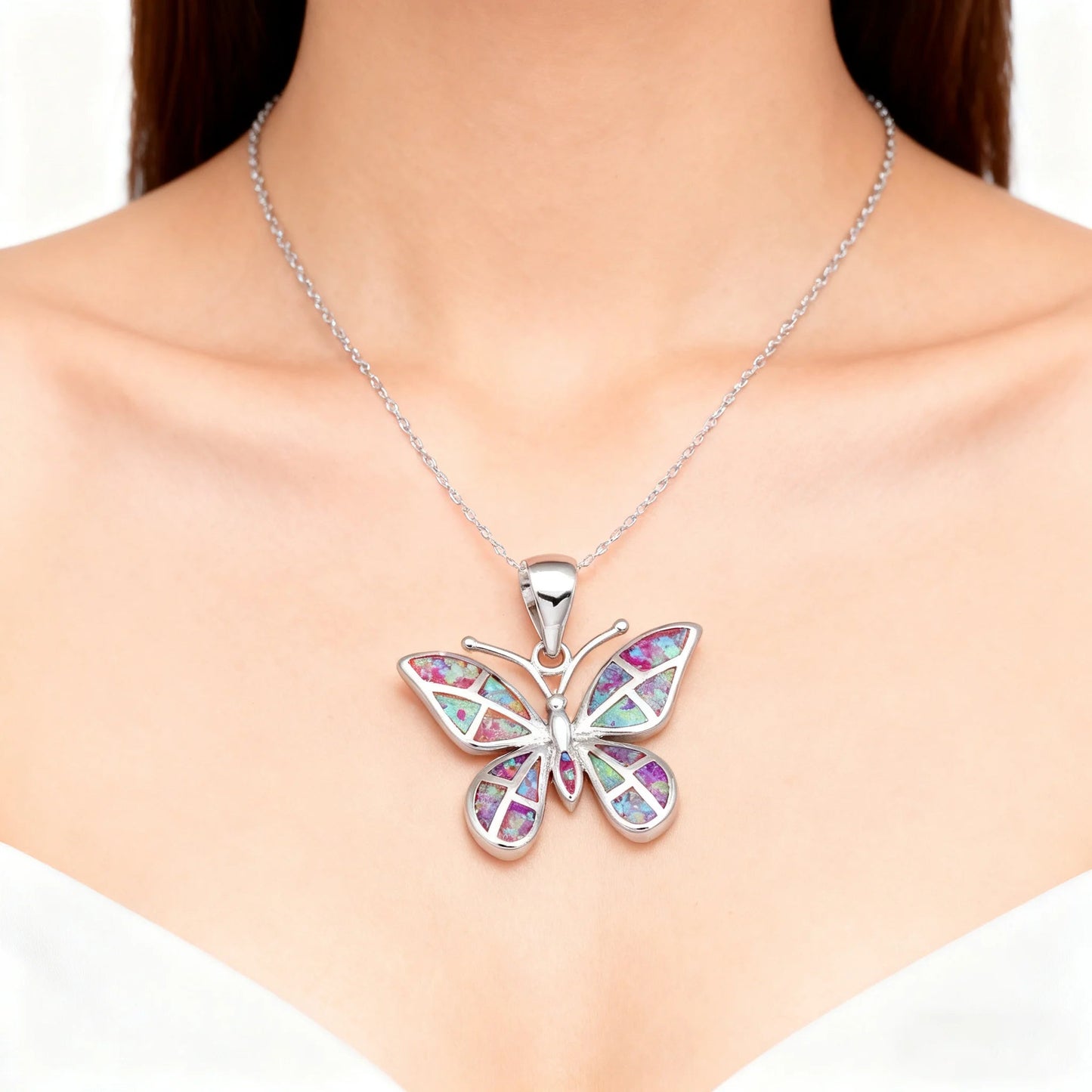 Jewelry Gifts for Girlfriend Mother Christmas，Butterfly Necklace for Women Multi Colors Opal Gemstone Butterfly Pendant Dainty Good Vibrations