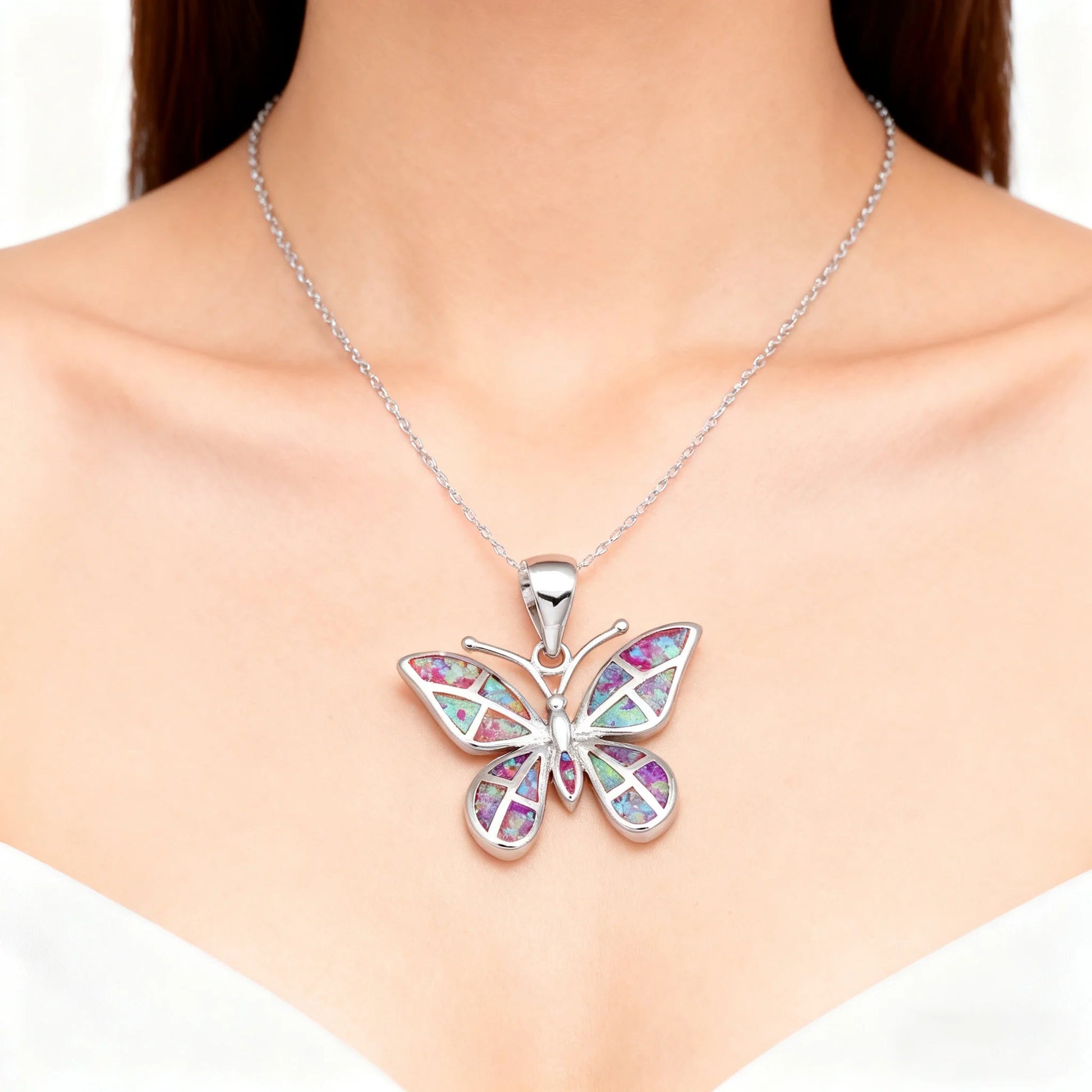 Jewelry Gifts for Girlfriend Mother Christmas，Butterfly Necklace for Women Multi Colors Opal Gemstone Butterfly Pendant Dainty Good Vibrations