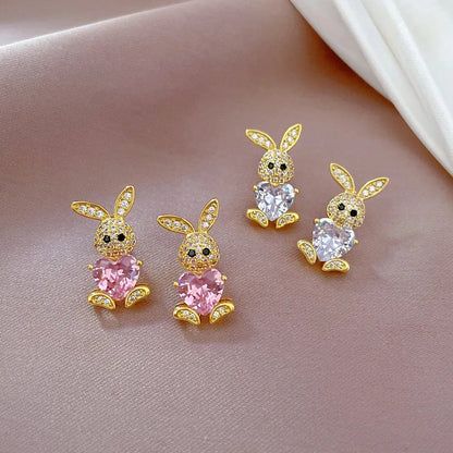 Stainless Steel Jewelry Sets for Woman Girls Shining Austrian Crystal Cute Rabbit Pendant Necklace Huggie Earrings Birthday Gift Good Vibrations Adult Super Store