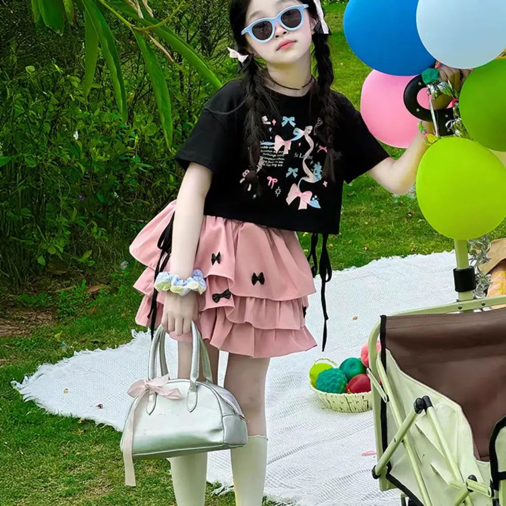 Outfits Y2K Bow Children Cake Skirt Set Pleated Teenagers T-shirt Skirt Suit Sweet Slim Fit Girls Clothes Set Summer Good Vibrations