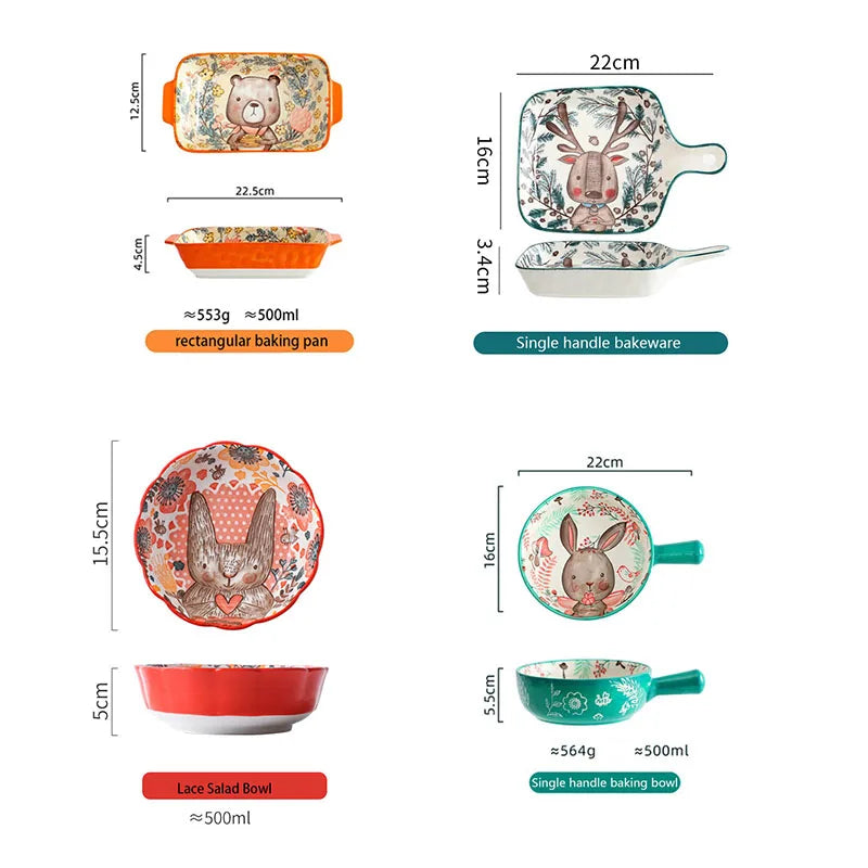 Ceramic Bakeware With Handle Forest Animals Baking Pan  Underglaze  Kitchen Tableware Salad Bowl Au Gratin Dishes Good Vibrations