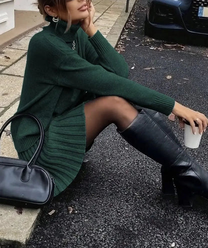 Women's Two-Piece Knit Set: Long-Sleeve Turtleneck Pullover and High-Waisted Pleated Mini Skirt – Elegant Autumn/Winter Outfit Good Vibrations