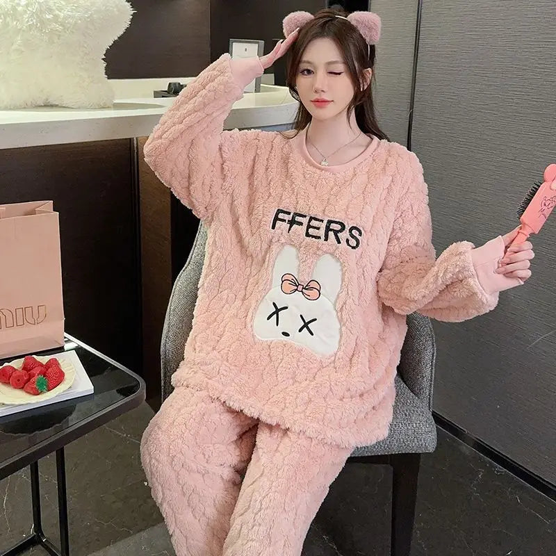 Thickened Cute Cartoon Sleepwear Set for Women Warm Home Clothes plus Size Long Sleeve round Neck Comfortable Polyester Fiber Good Vibrations