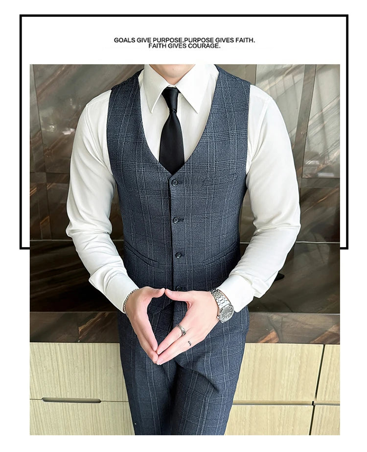 Quality Three-piece Suit Vest Trousers Set for Men Korean Fashion Slim Fit Business Casual Wedding Handsome Style
