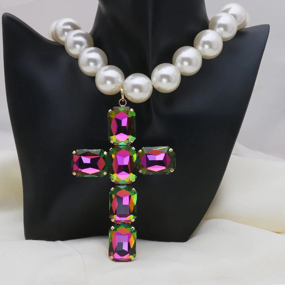 Fashionable and exaggerated large glass cross necklace pendant, luxurious Christmas gift jewelry Good Vibrations