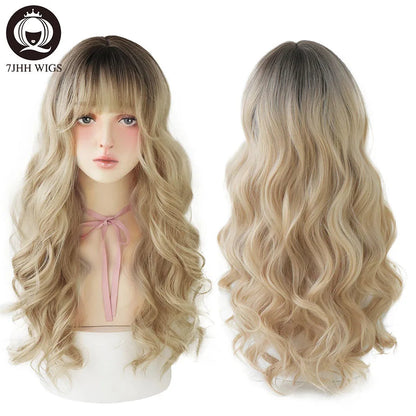 7JHHWIGS Long Wavy Synthetic Black Wigs For Women With Fringe Fashion Heat Resistant Mid-Length Daily Straight Light Brown Hair Good Vibrations