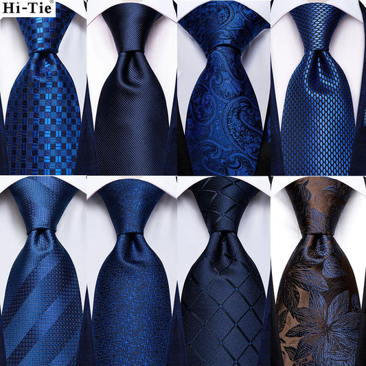 Hi-Tie Navy Blue Solid Paisley Silk Wedding Tie For Men Hanky Cufflink Mens Necktie Set Business Party New Design Dropshipping Good Vibrations