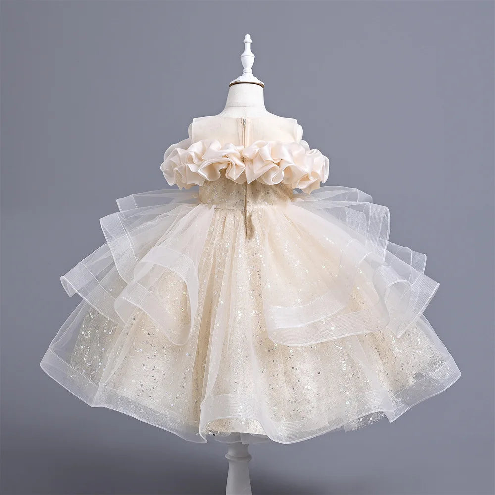 New Girl's Wedding Evening Dress Petal Sequin Mesh Sleeveless Dress Birthday Party School Graduation Party Dress Good Vibrations