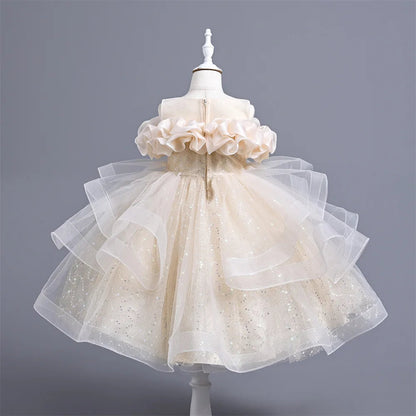 New Girl's Wedding Evening Dress Petal Sequin Mesh Sleeveless Dress Birthday Party School Graduation Party Dress Good Vibrations