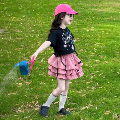 Outfits Y2K Bow Children Cake Skirt Set Pleated Teenagers T-shirt Skirt Suit Sweet Slim Fit Girls Clothes Set Summer Good Vibrations