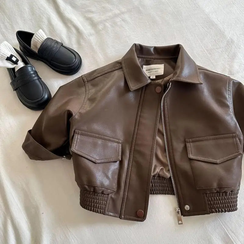 2-10Y Baby Boys Girls Zipper Jackets Brown PU Leather Lapel Collar Coats Korean Style Autumn Single Breasted Toddler Cardigans Good Vibrations