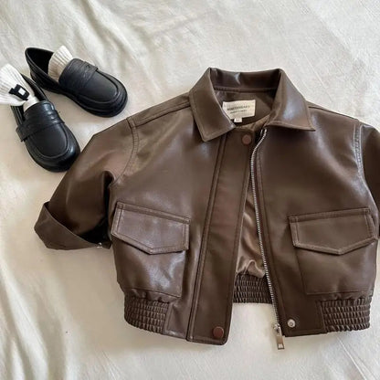 2-10Y Baby Boys Girls Zipper Jackets Brown PU Leather Lapel Collar Coats Korean Style Autumn Single Breasted Toddler Cardigans Good Vibrations