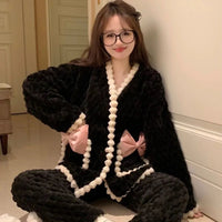 Autumn Winter Plush Sleepwear Women's Sweet Internet Famous INS Style Warm Long Sleeve Coral Fleece Home Clothes Set Good Vibrations