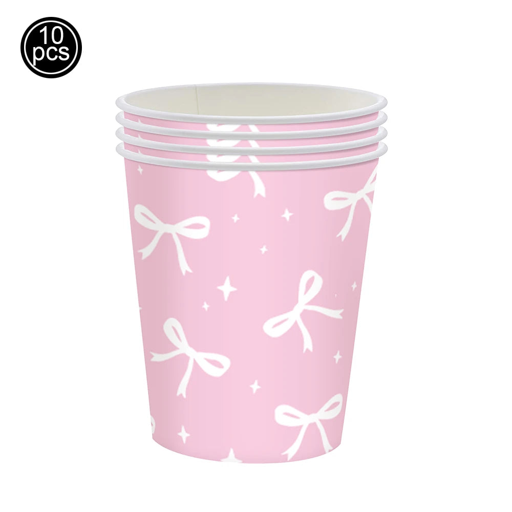 Pink Banner Happy Birthday Bow Balloon Straw Disposable Paper Plate Napkin Cup Tableware Princess Girl Birthday Party Supplies Good Vibrations