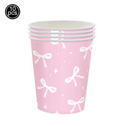 Pink Banner Happy Birthday Bow Balloon Straw Disposable Paper Plate Napkin Cup Tableware Princess Girl Birthday Party Supplies Good Vibrations