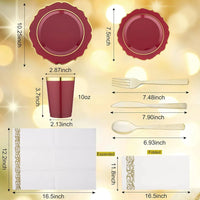 Plates Disposable, 50 Plastic Maroon Plates, Red Plastic Dinnerware Set, 25 10oz Cups, 75 Gold Cutlery, 25 Gold Napkins Good Vibrations