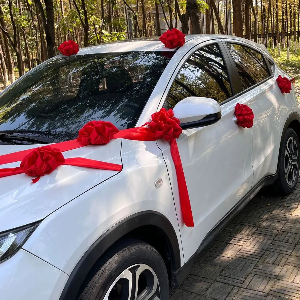 Large Wedding Car Front Decor Full Set Romantic Floral Ball Flower Arrangement Ribbon Bows Bridal Main Car Decor Good Vibrations