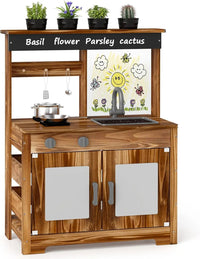 Mud Kitchen, Cedar Wood Outdoor Play Kitchen for Toddlers, Acrylic Board, Removable Sink, 4 Planting Cups, Kitchen Accessories, Good Vibrations