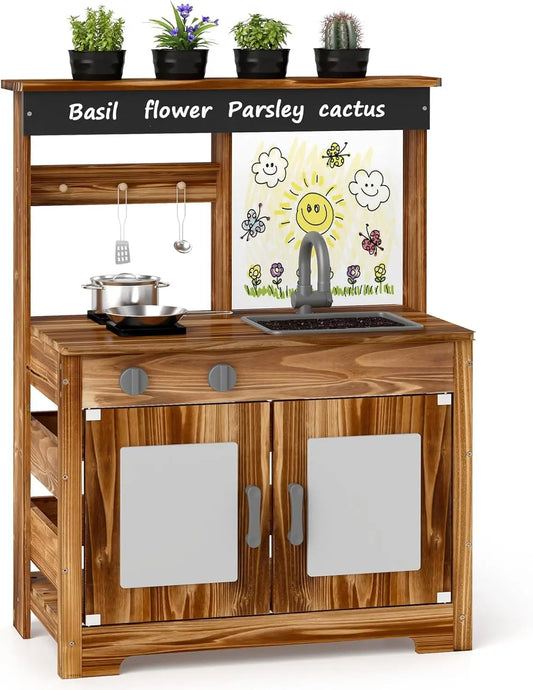 Mud Kitchen, Cedar Wood Outdoor Play Kitchen for Toddlers, Acrylic Board, Removable Sink, 4 Planting Cups, Kitchen Accessories, Good Vibrations