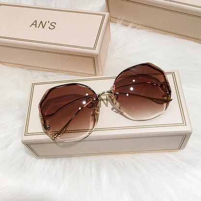 Rimless Sunglasses Polygon Fashion Popular Women Men Shades Big Frame Round Sun Glasses for Female Oculos Gradient Sunglasses Good Vibrations