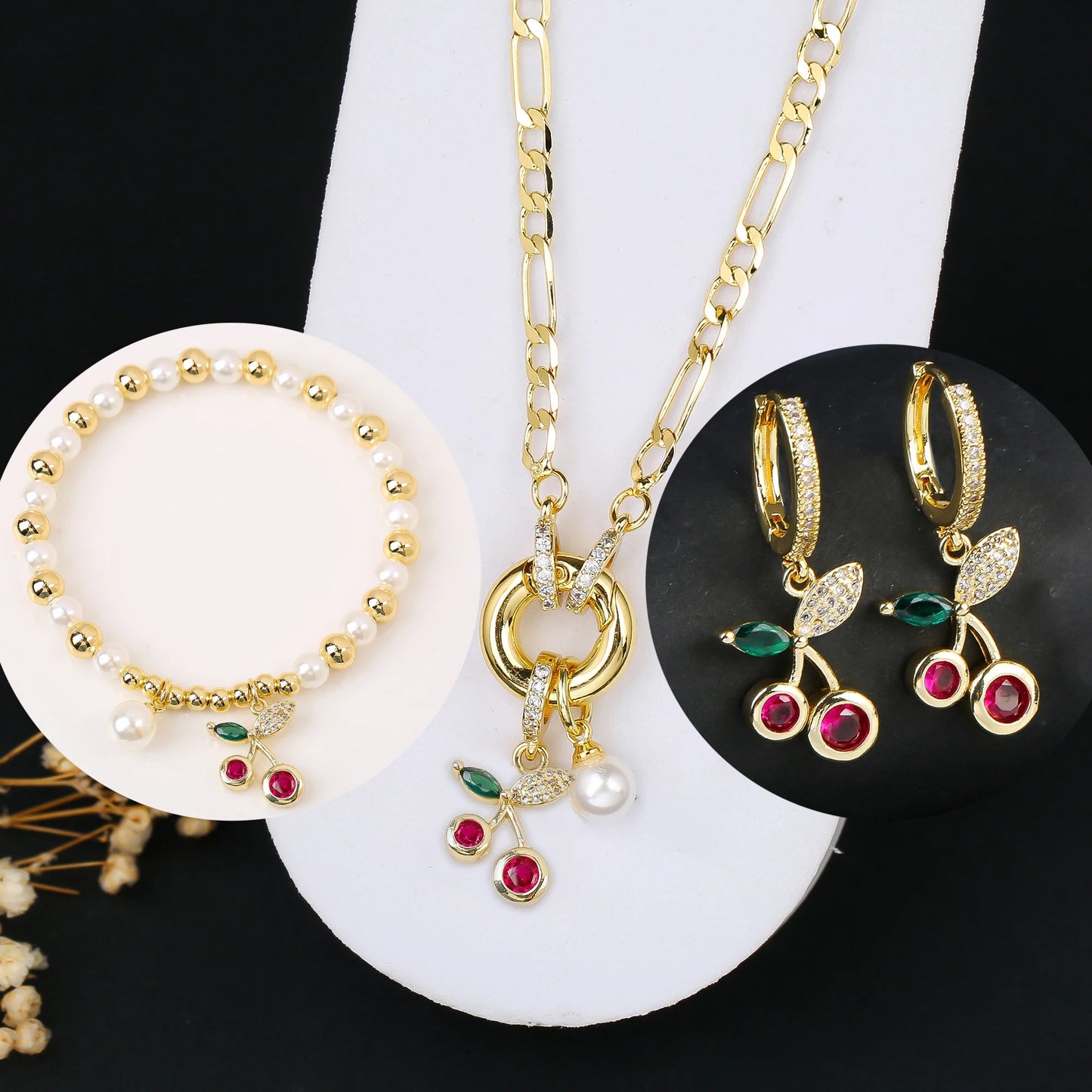 3pcs Hot Sale Shiny Zirconia Crystal Cherry Necklace Bracelet Earrings Jewelry Set Fashion for Woman Girl Wedding Lucky Jewelry Good Vibrations Adult Super Store