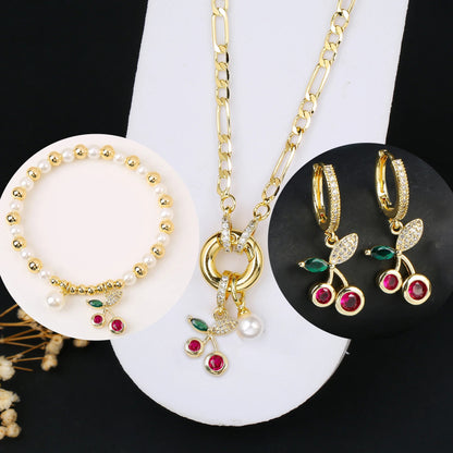 3pcs Hot Sale Shiny Zirconia Crystal Cherry Necklace Bracelet Earrings Jewelry Set Fashion for Woman Girl Wedding Lucky Jewelry Good Vibrations Adult Super Store