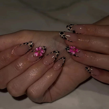 Black Leopard Print Light Yellow French Red Flowers Fake Nails Fashion Detachable Finished False Nails Press on Nails with Glue Good Vibrations