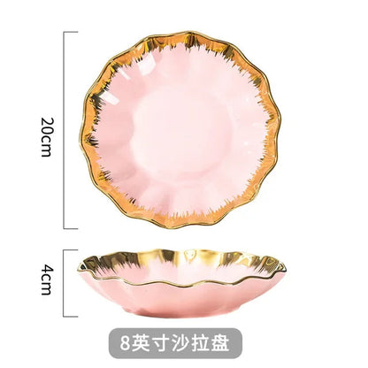 Nordic Luxury Ceramic Bowl Plate Set Tableware Creative Salad Vegetable Fruit Plate Dessert Noodle Bowl Crockery 8 inch Good Vibrations